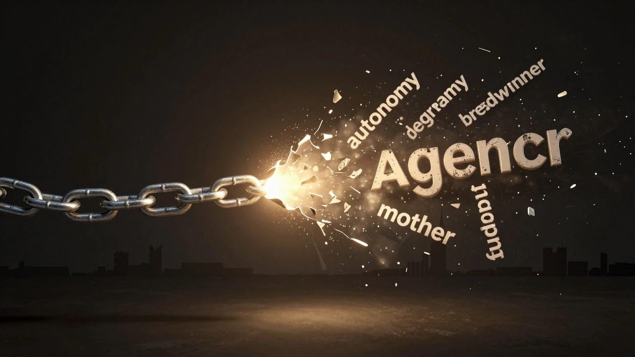 Shattered stereotypes transform into empowering words as golden light reveals autonomy and agency rising from shame.