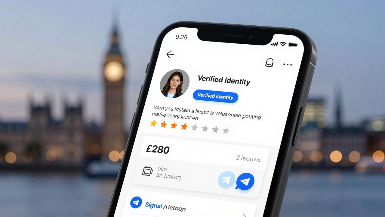 Smartphone screen showing verified escort profile with reviews and secure messaging icons.