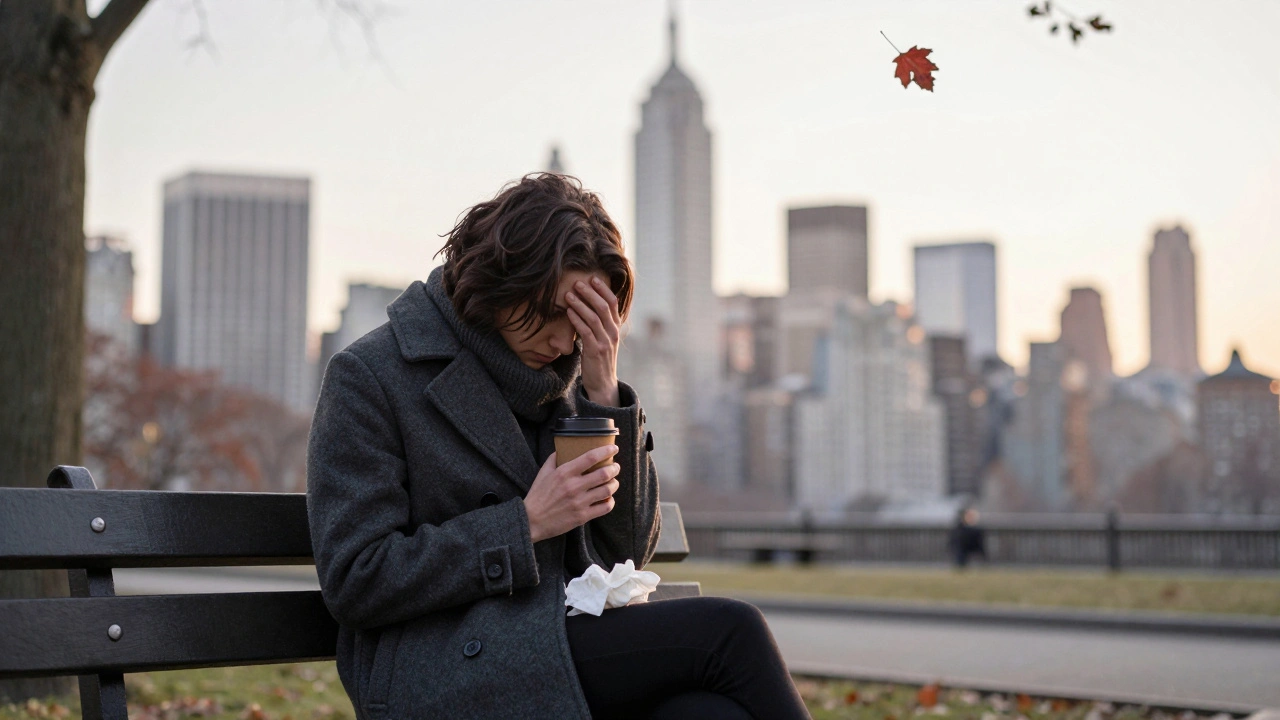Someone sitting alone on a park bench at sunrise, holding a coffee cup, surrounded by quiet morning stillness.