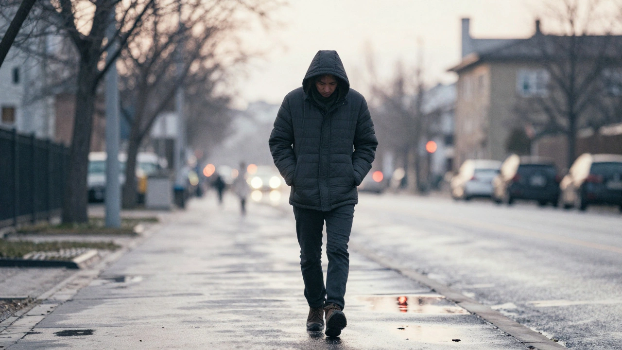 Someone walking home alone at dawn, lost in thought after a casual encounter.