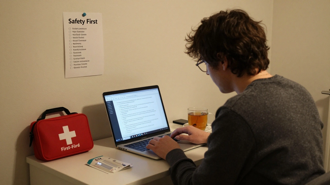 Someone working safely from home, reviewing messages on a laptop with safety notes and health supplies visible on the desk.