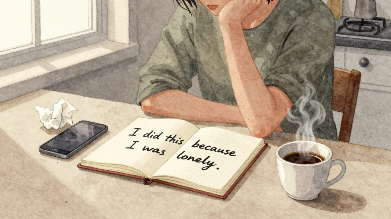 Someone writing in a journal at dawn, phone face down, coffee beside them, quiet moment of reflection.