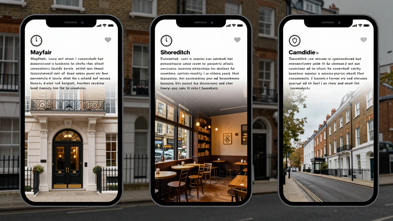 Three London neighborhoods with authentic escort reviews displayed on phones, each reflecting different vibes.
