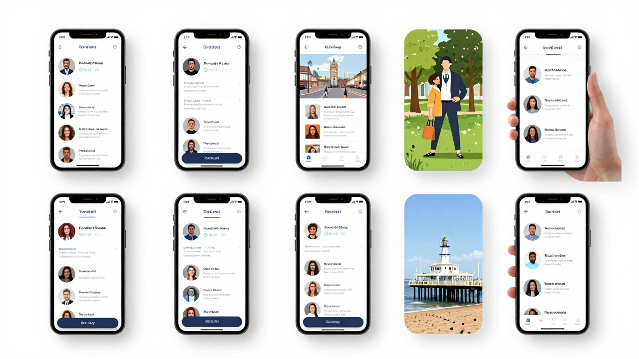 Three people browsing a verified escort directory on their phones in different UK locations.