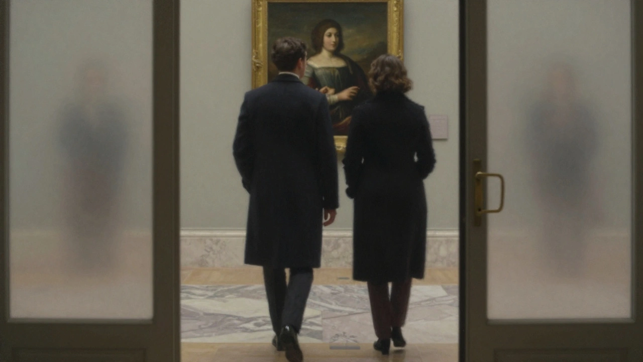 Two elegant silhouettes walking through a private gallery, pausing before a painting.