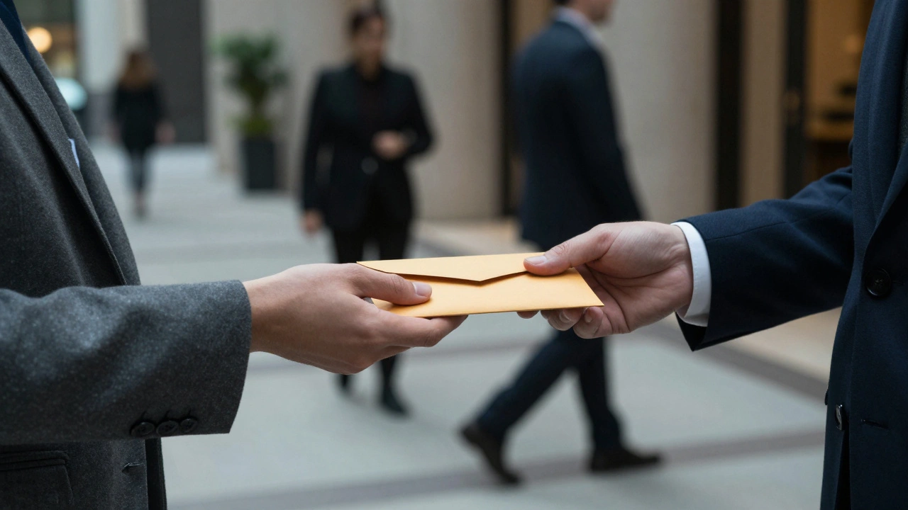 Two hands exchange payment in a quiet hotel lobby, conveying trust and professionalism.