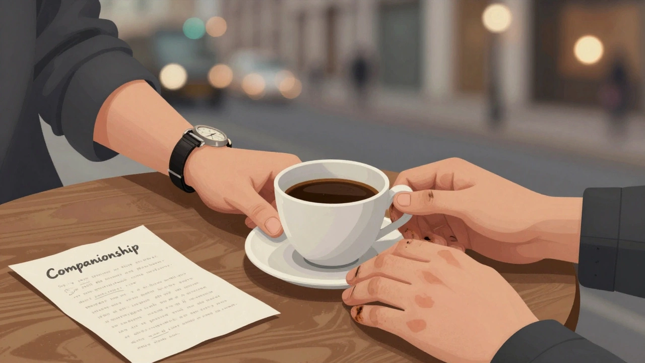Two hands meeting over a cup of coffee on a wooden table, a subtle flyer nearby.