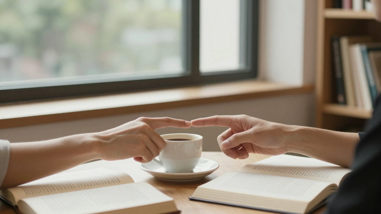 Two hands near a coffee cup in a sunlit bookshop, conveying respectful, unspoken connection.