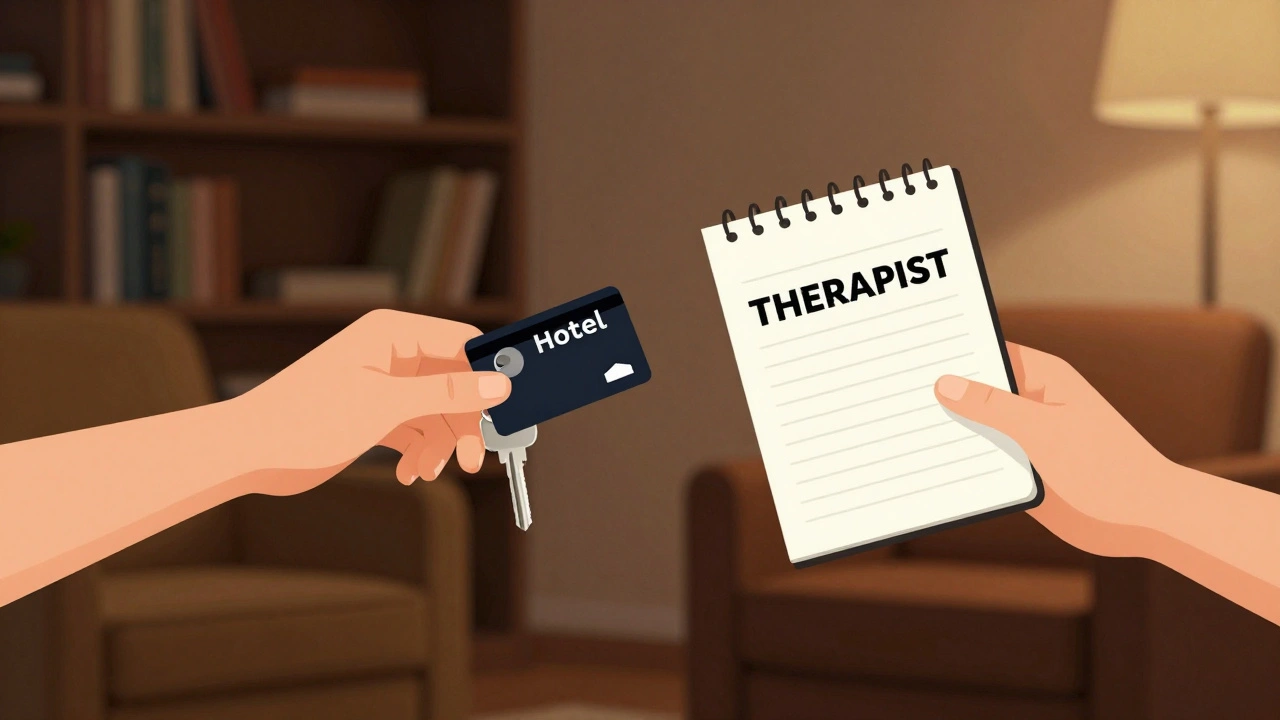 Two hands reaching toward each other—one holding a keycard, the other a notebook—in a warm, intimate room.