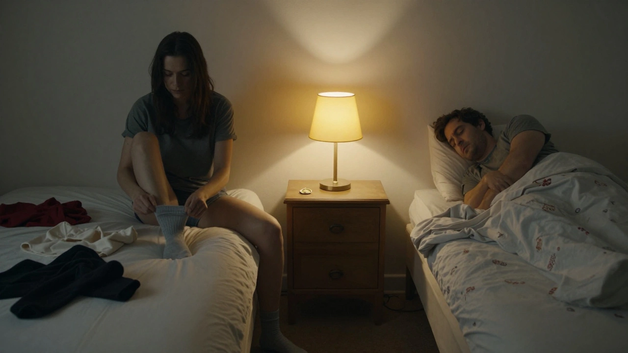 Two people in a bedroom after sex, one pretending to sleep, the other getting dressed.