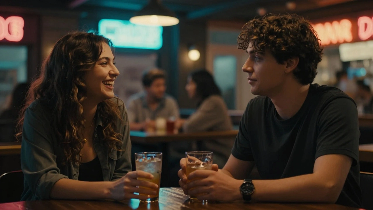 Two people in a crowded bar, one smiling while the other looks distant, capturing emotional disconnection.