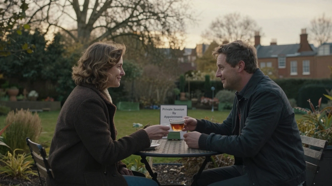 Two people sharing quiet tea on a private garden terrace in Richmond, London, at sunset.