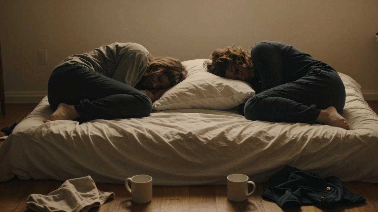 Two silhouettes on a bed back to back in the morning, clothes scattered, silence between them.