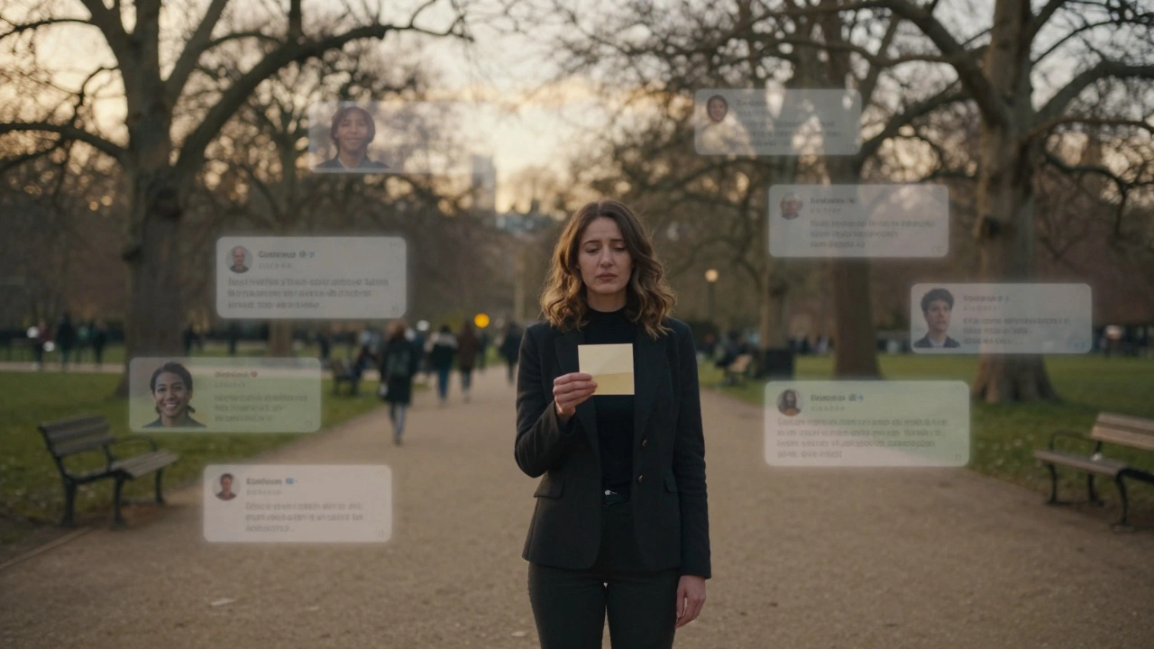 Woman in London park surrounded by floating images representing client feedback.