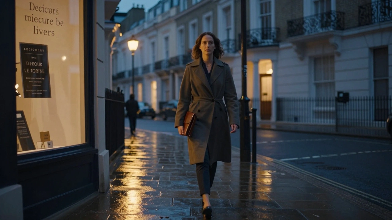 Woman walking confidently down a quiet London street at dusk, holding a portfolio.