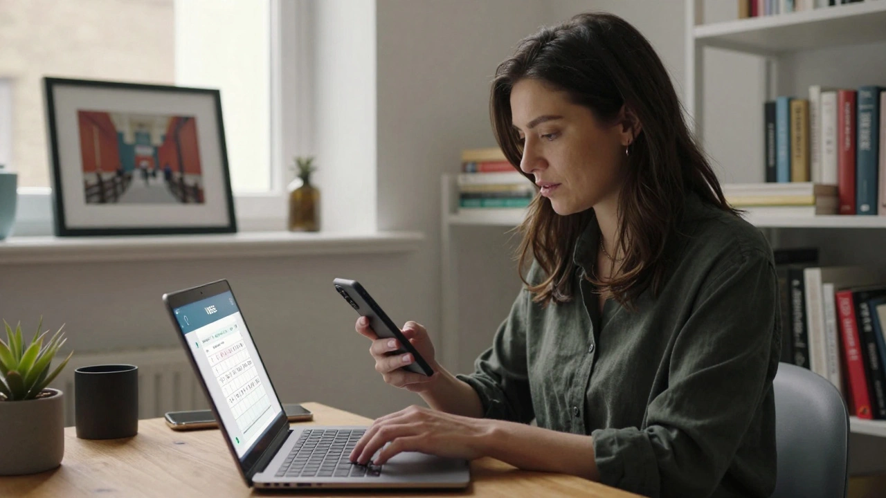 Woman working remotely from her flat, checking encrypted messages and digital payments.
