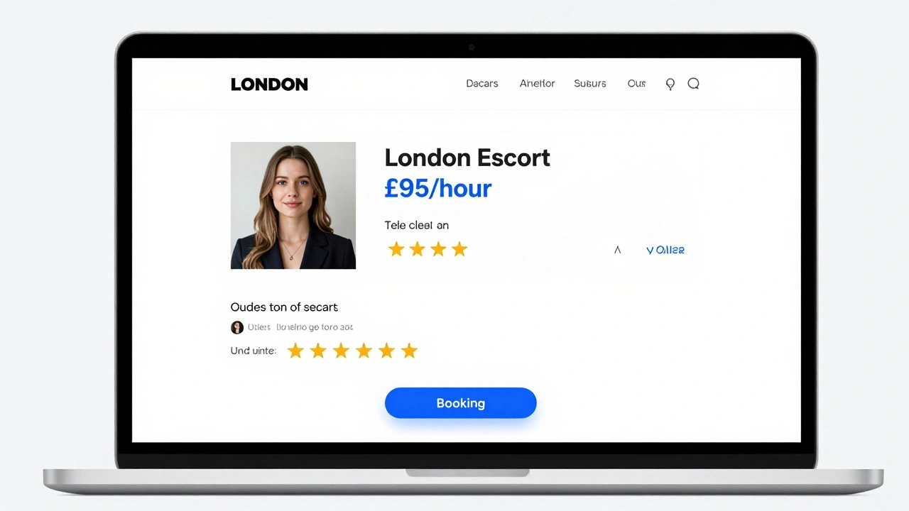 A clean escort service website profile with transparent pricing and verified reviews on a laptop.