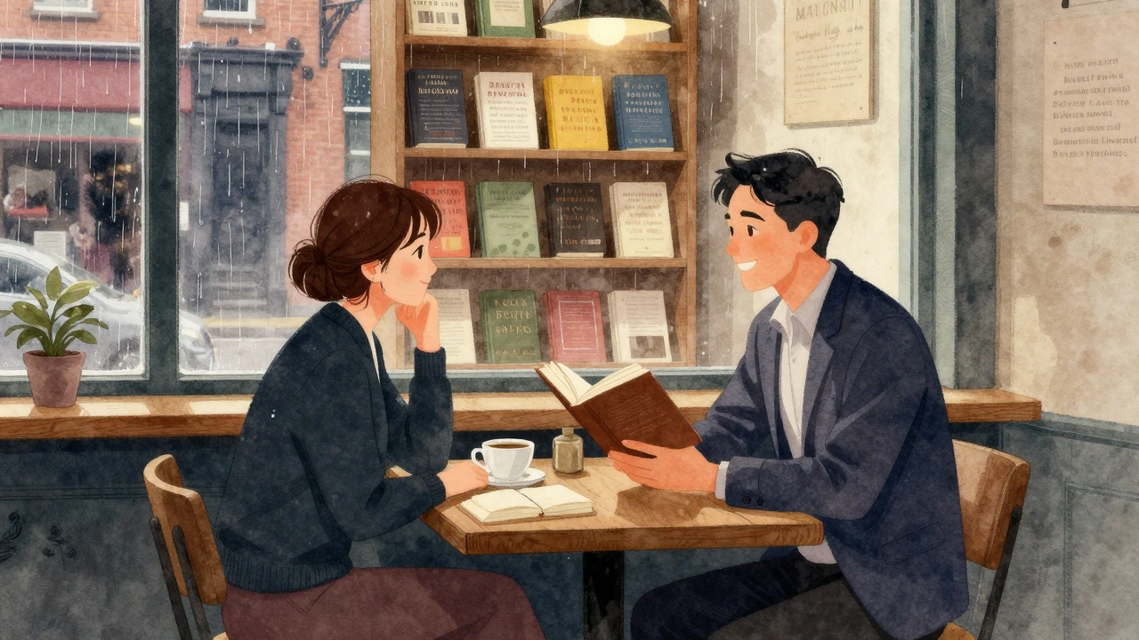 A client and escort reading together in a cozy Dalston bookstore café, surrounded by books and soft lighting.