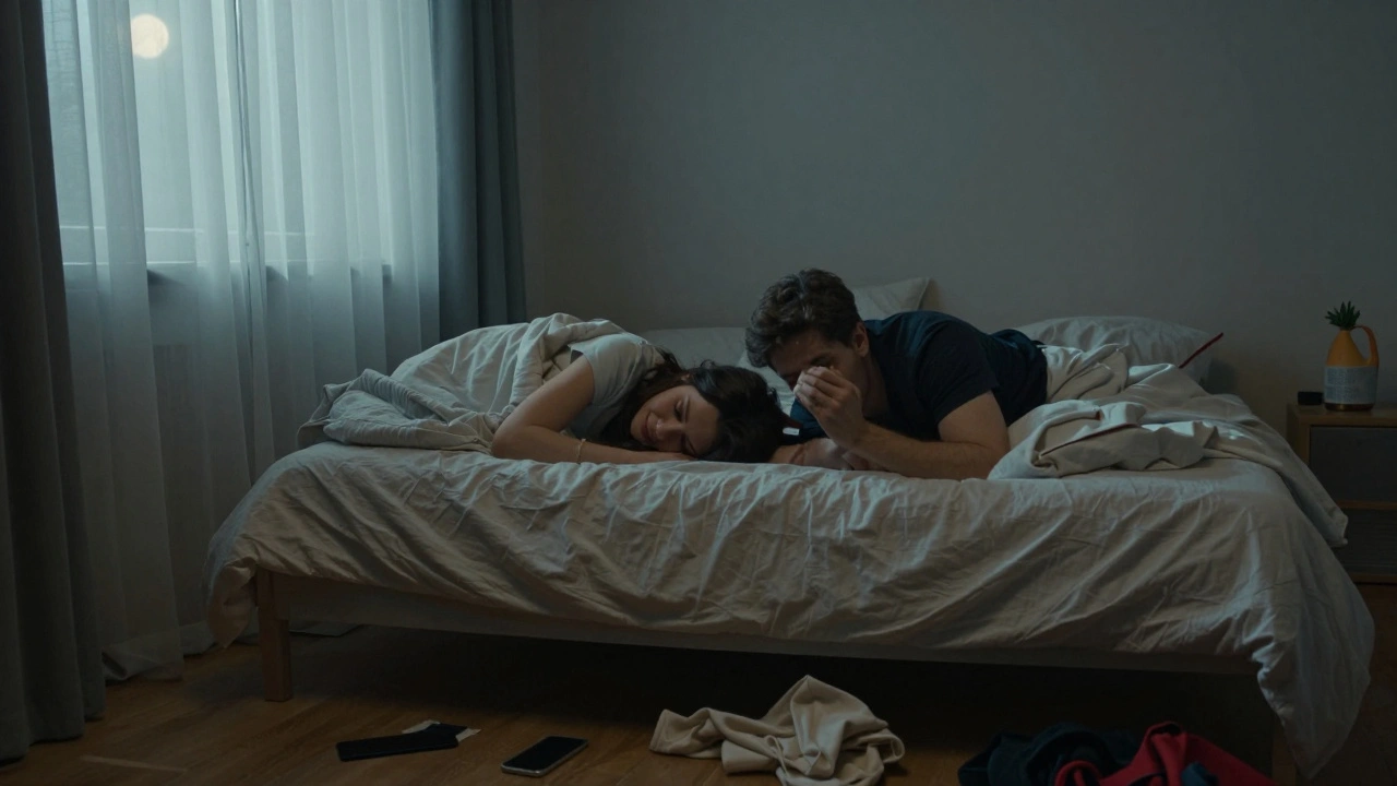 A couple lying side by side in a dimly lit room, sharing a tender, wordless connection after midnight.