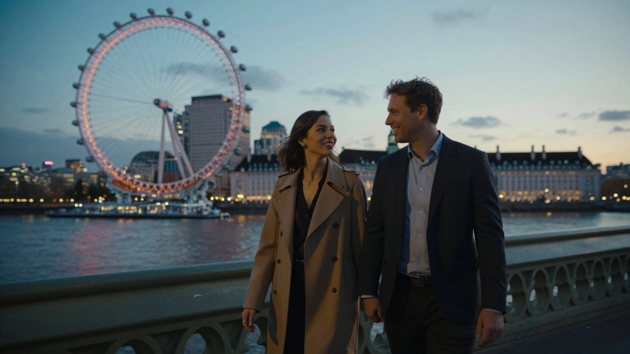 A couple walking along the Thames at dusk, enjoying a peaceful evening out in London with city lights reflecting on the water.