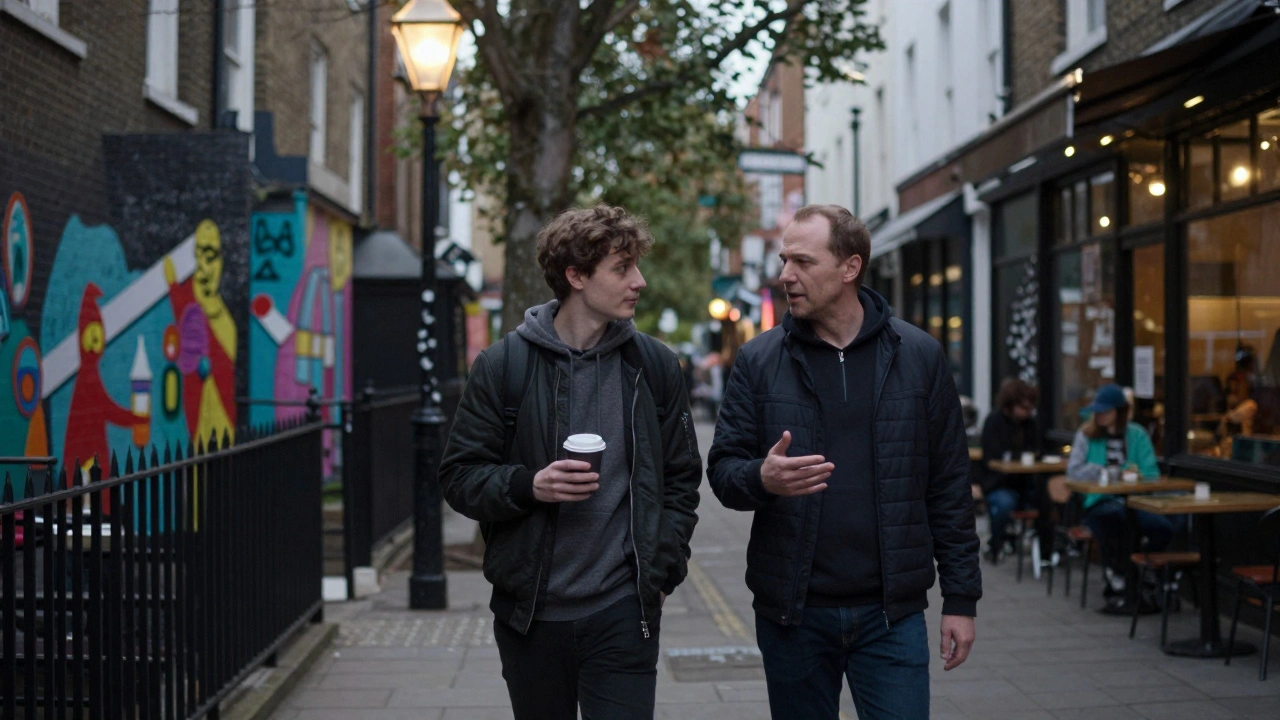 A couple walking through Shoreditch at dusk, enjoying a casual companionship stroll past street art and cafés.