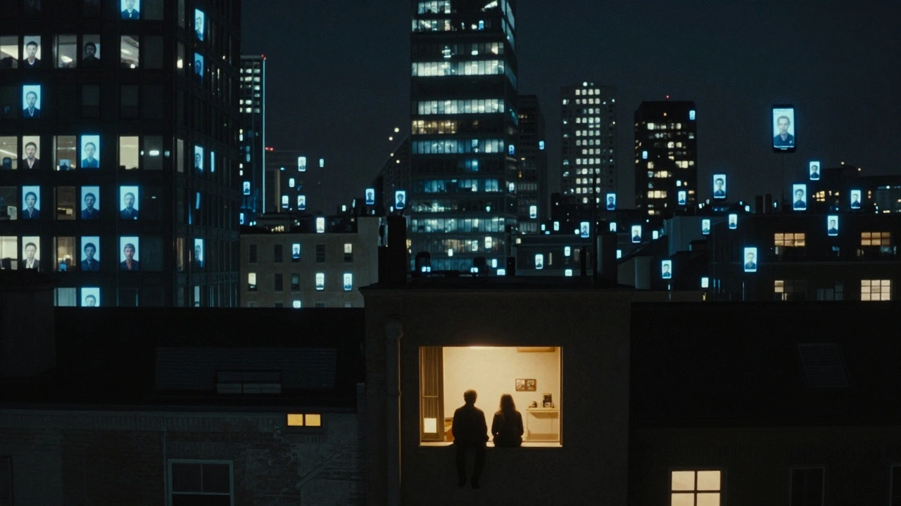 A dark cityscape of isolated smartphone users above, contrasted with a single warm light of human connection below.