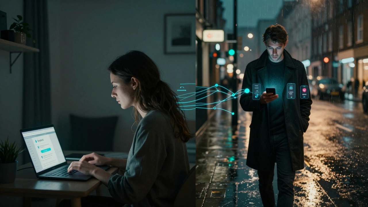 A digital split-screen showing a worker on a laptop and a client walking at night, connected by glowing data streams.