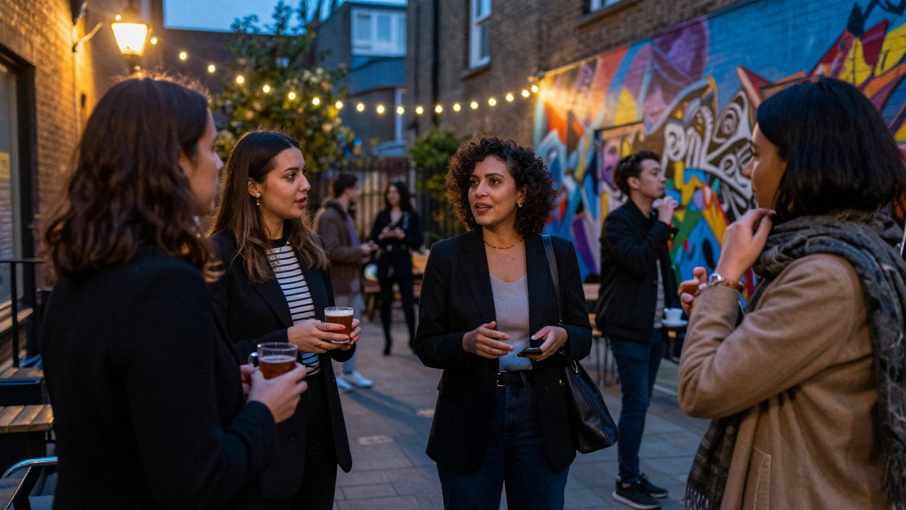 A diverse group of independent escorts conversing in a Shoreditch courtyard at dusk, surrounded by street art and fairy lights.