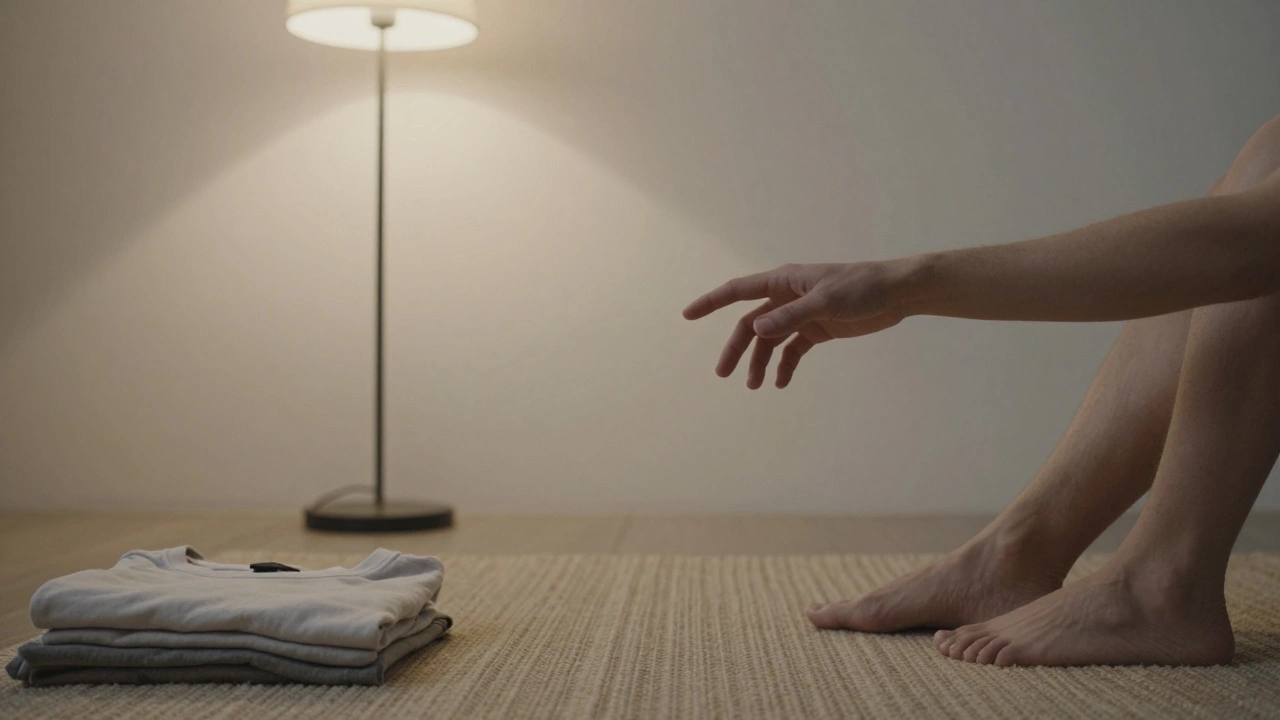 A hesitant hand reaching toward another in a calm, minimalist studio setting, no nudity, only quiet tension.