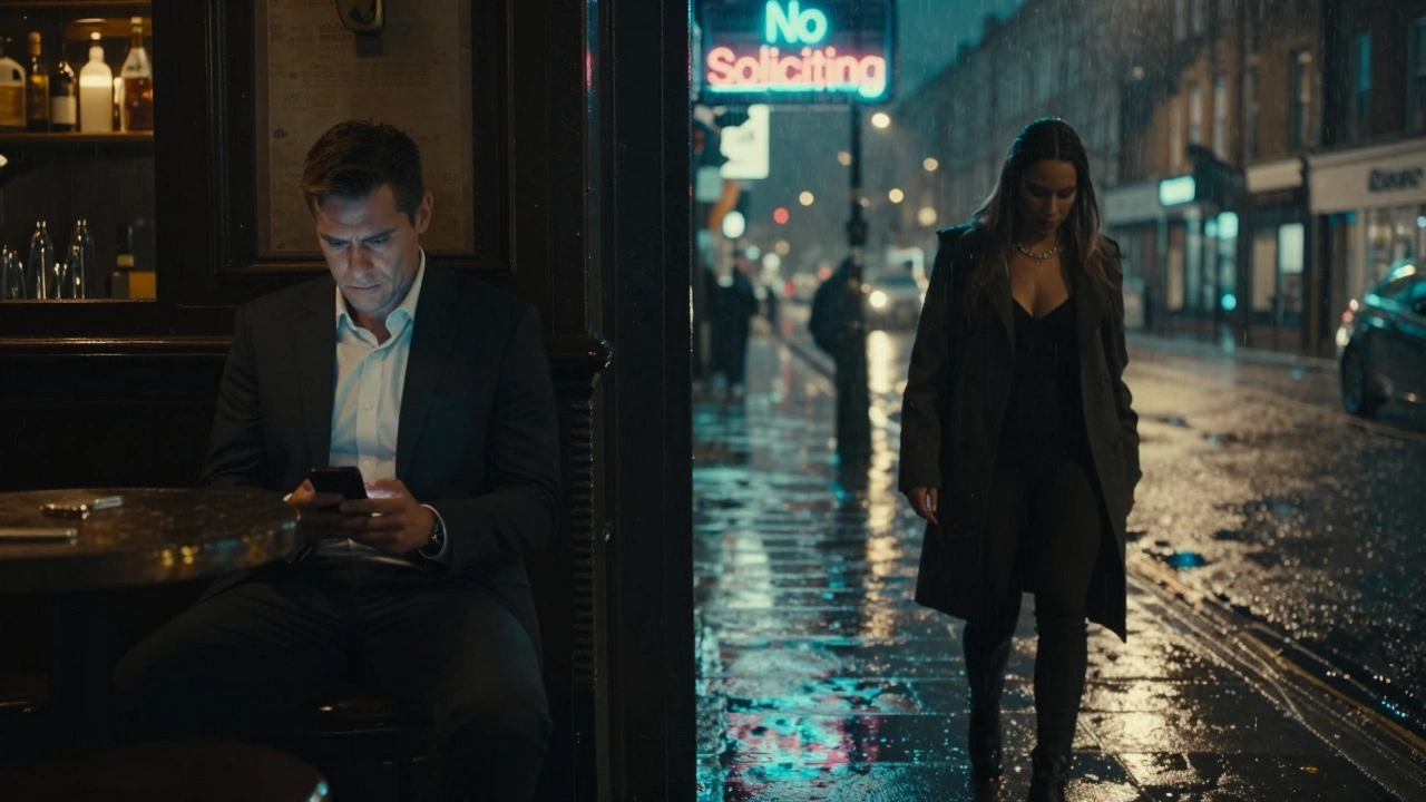 A man in a bar looking at his phone while a woman walks alone in the rain past a 'No Soliciting' sign.