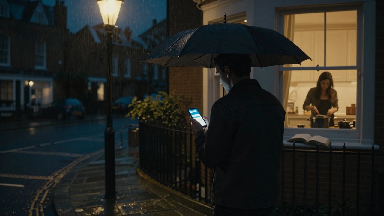 A man walking in rainy London night, checking a secure message, with a silhouette of a woman cooking in a distant window.