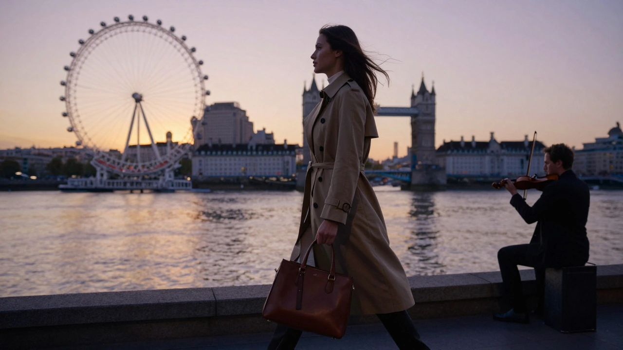 A poised woman walking along the Thames at sunset, with London landmarks softly lit in the distance.