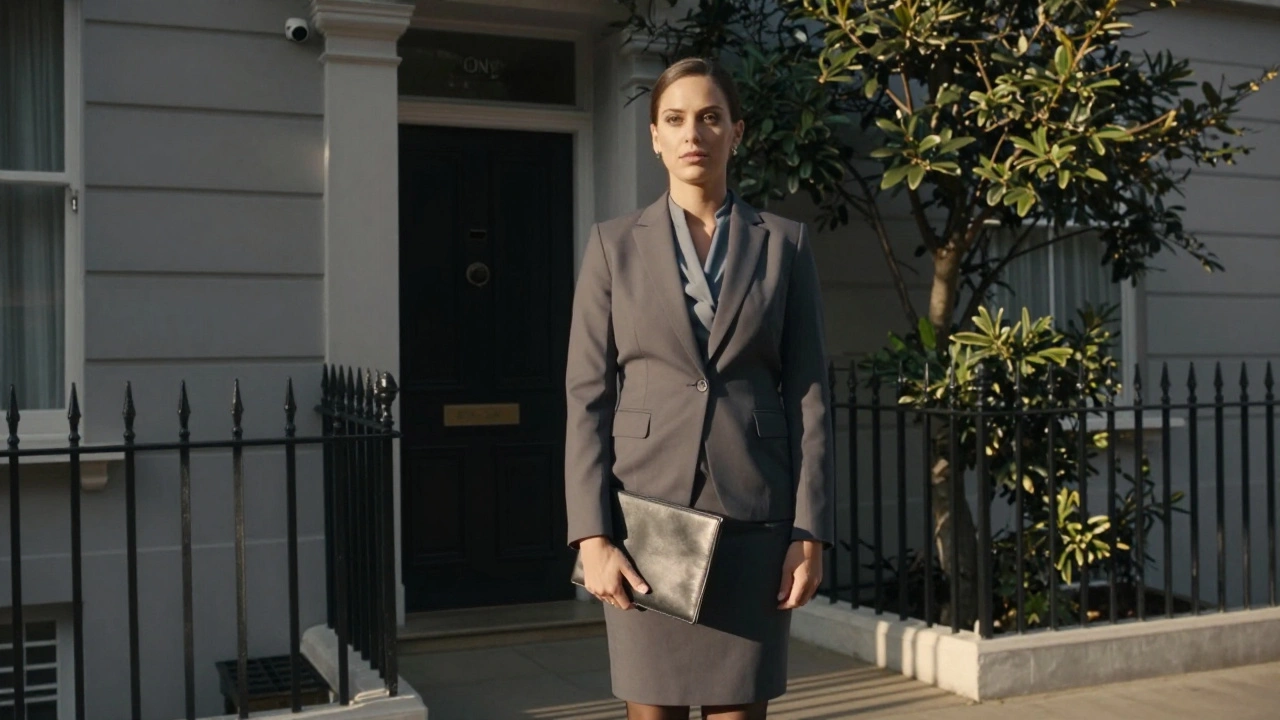 A professional escort at a discreet private entrance in Hampstead, elegant attire, calm and safe atmosphere.