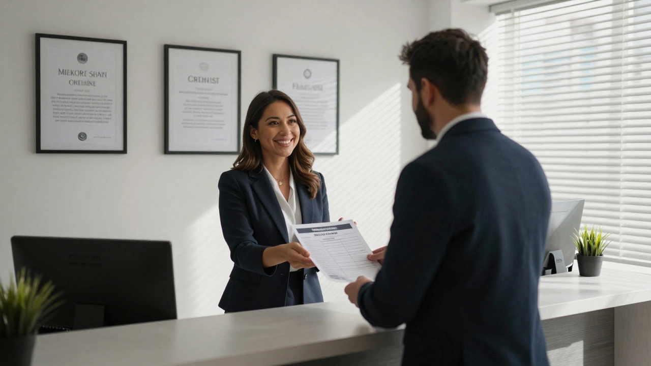 A professional escort handing a client a travel itinerary in a modern London agency office, conveying trust and clarity.