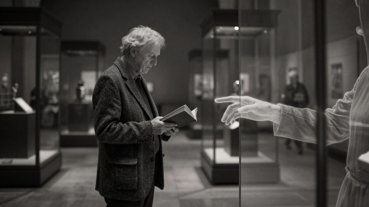 A retired man standing alone in a museum, faint translucent outline of a woman’s hand beside him, symbolizing a meaningful connection.