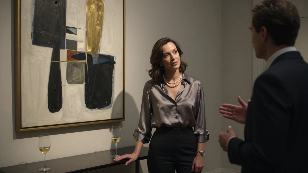 A sophisticated woman listens attentively beside an abstract painting in a private Mayfair gallery.