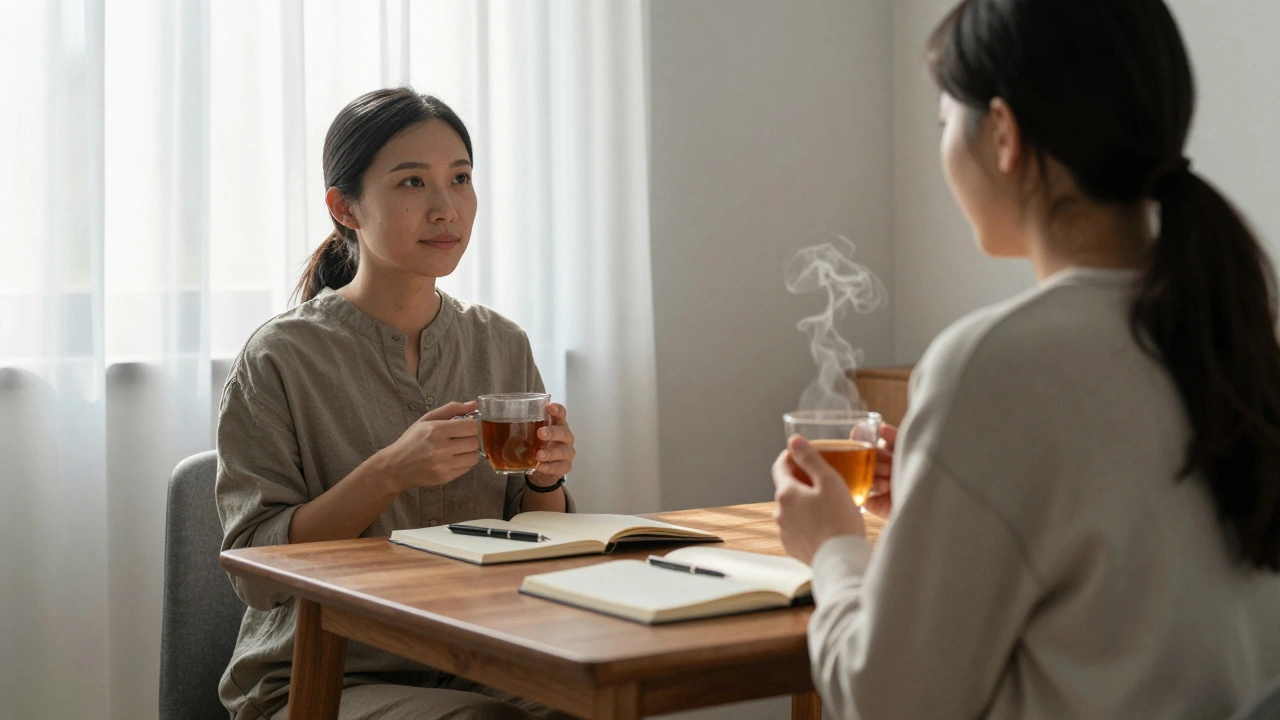 A woman and client sharing tea at a small table, surrounded by calm natural light and simple surroundings.