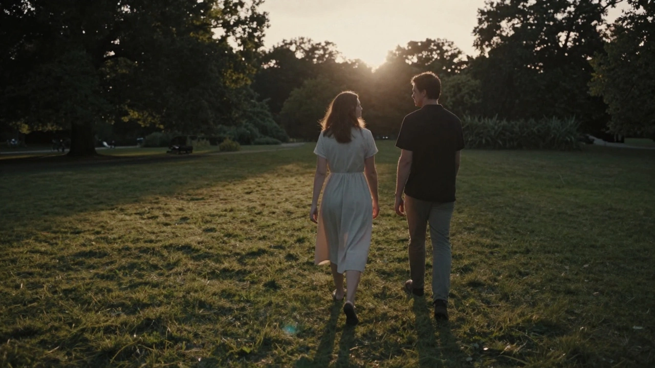 A woman and man walking side by side in Hyde Park at sunset, sharing peaceful silence under soft evening light.