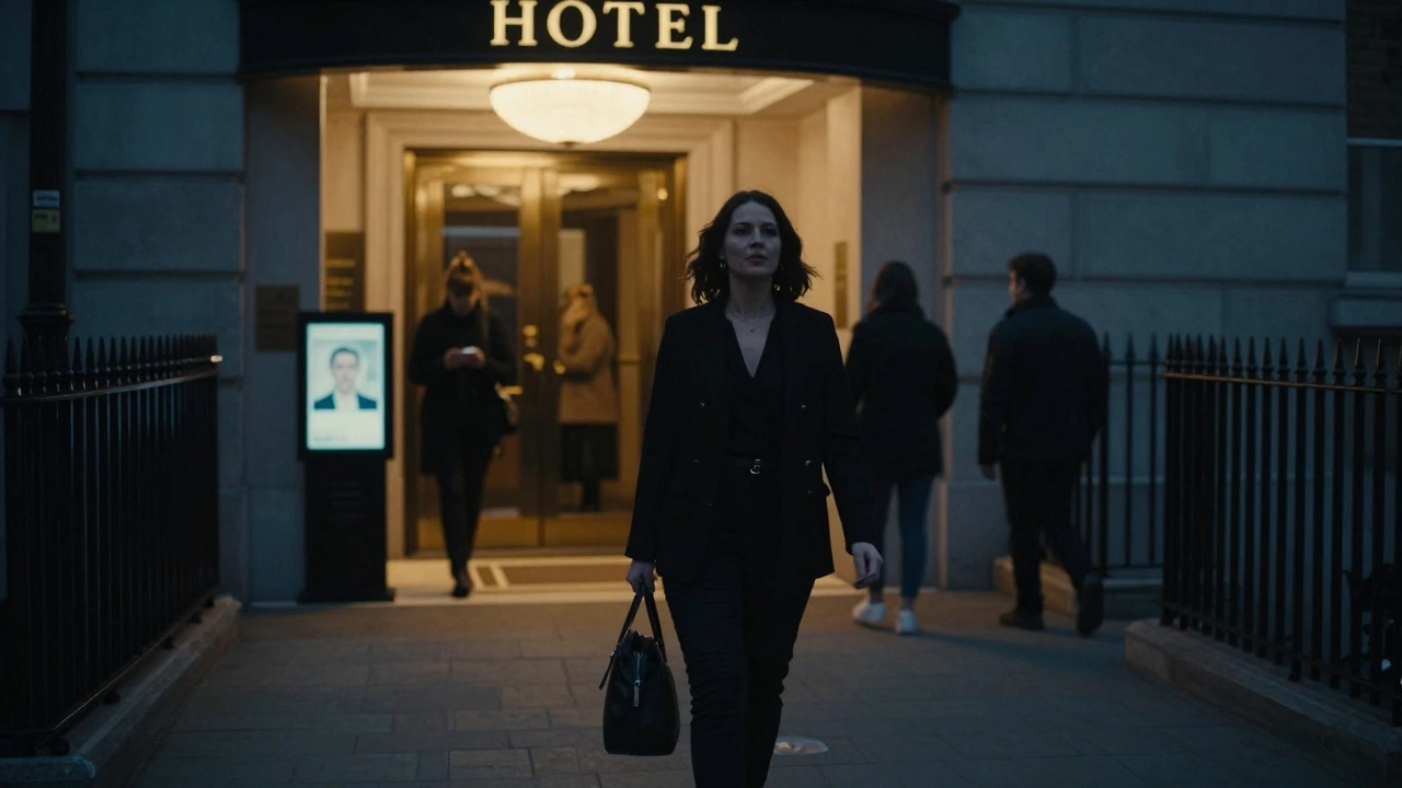 A woman walking confidently from a dark alley toward a safe, well-lit hotel in London at night.
