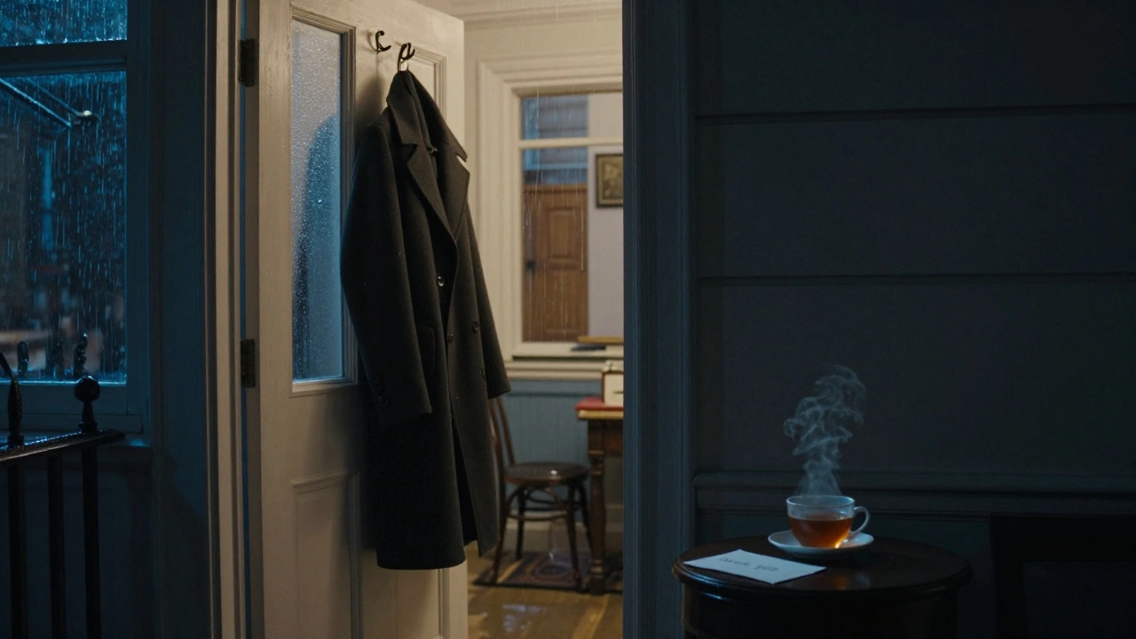 An open door with a coat and tea cup left behind, rain falling outside, symbolizing a quiet, meaningful departure.