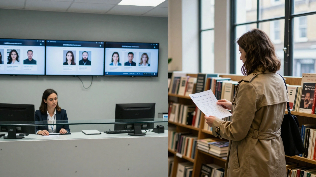 Contrasting scenes: a cold agency office versus a genuine exchange at a London bookstore.