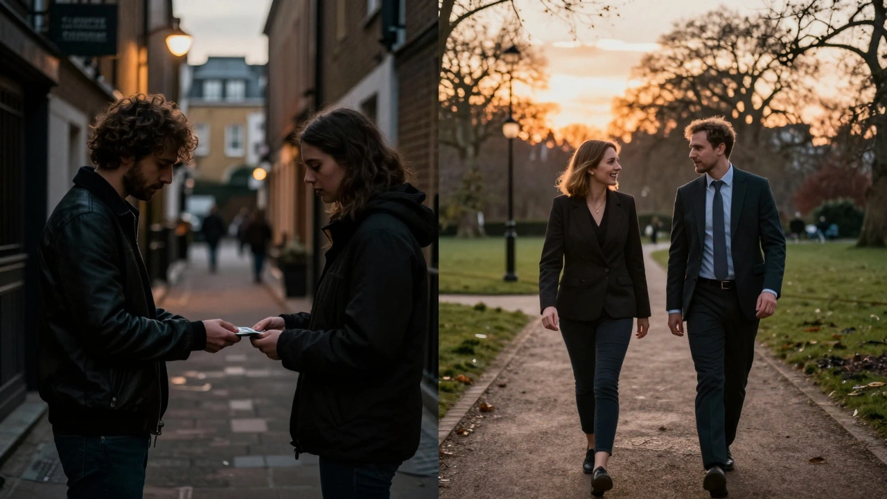 Contrasting scenes: tense encounter in a South London alley versus peaceful walk in Regent’s Park, North London.