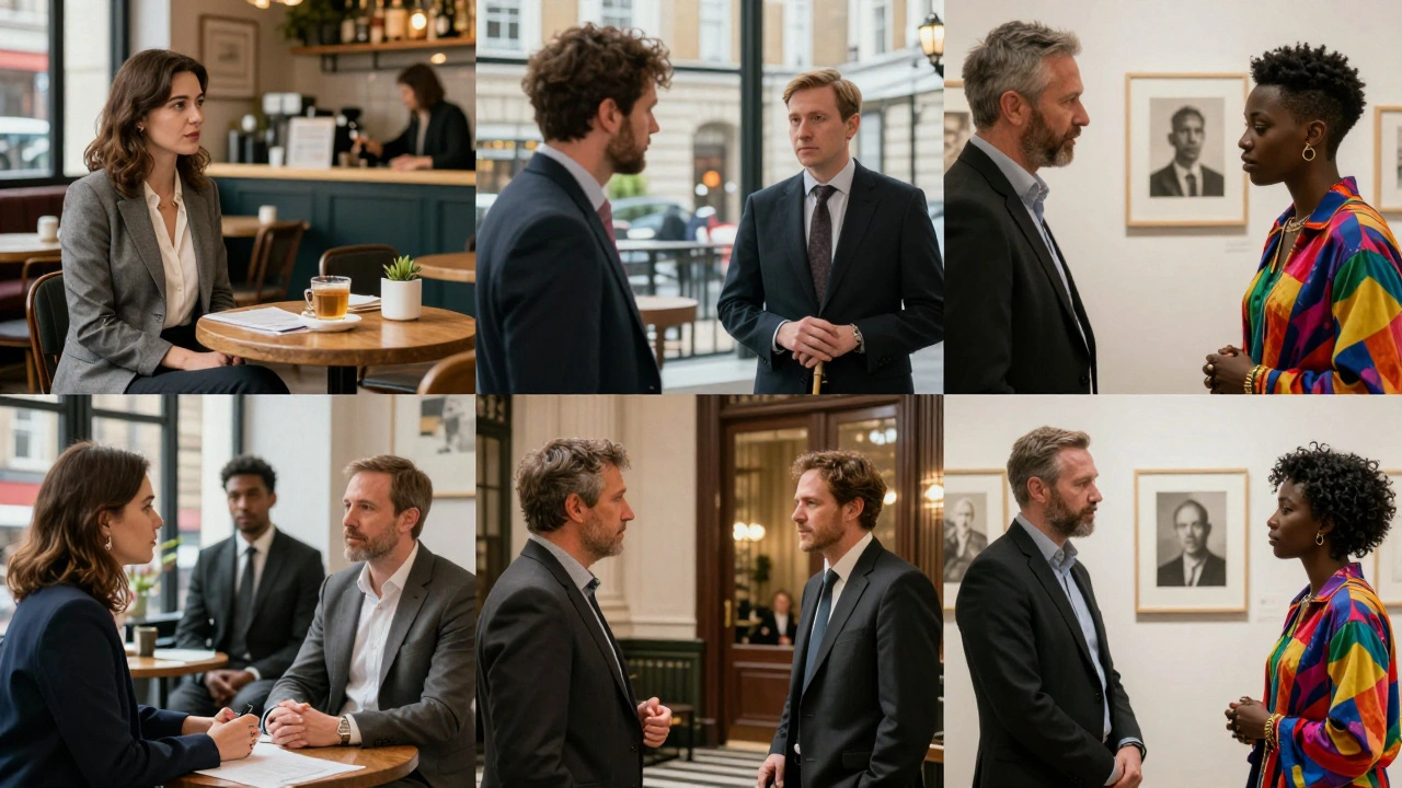 Diverse clients meet professional companions in various London settings, each moment filled with quiet dignity and connection.