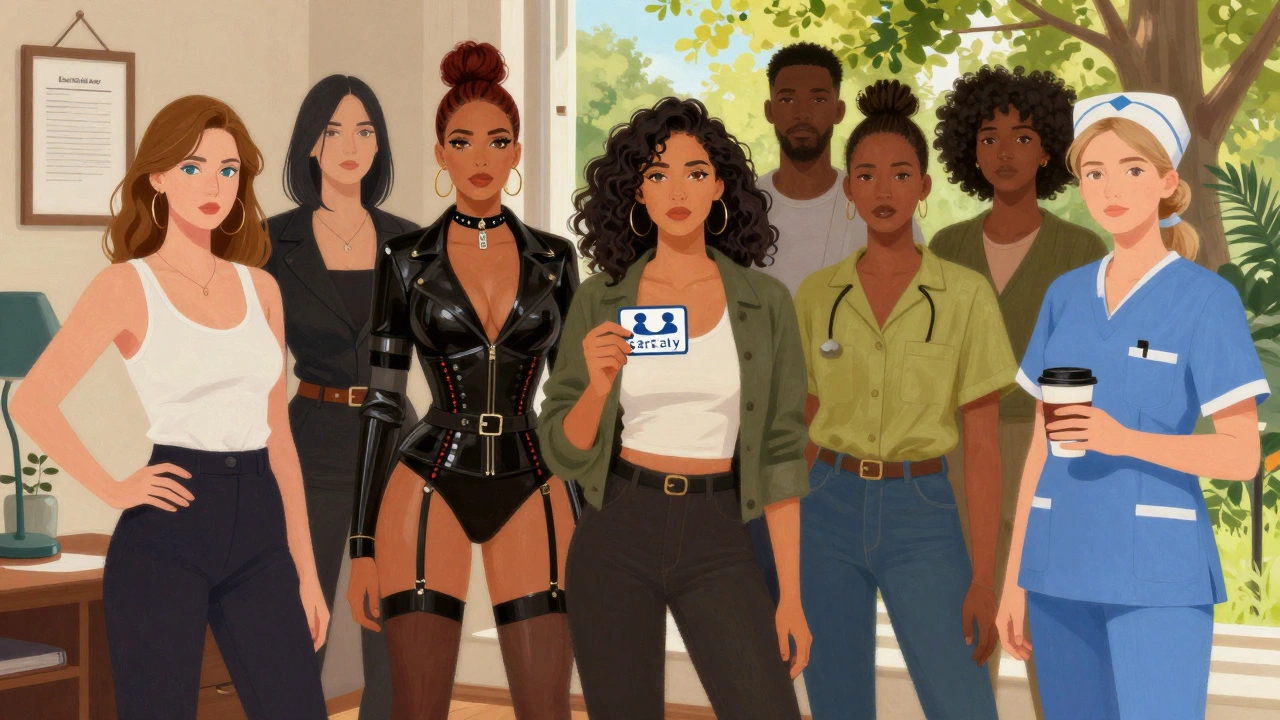 Diverse sex workers stand together in a park, representing different roles with dignity and unity.