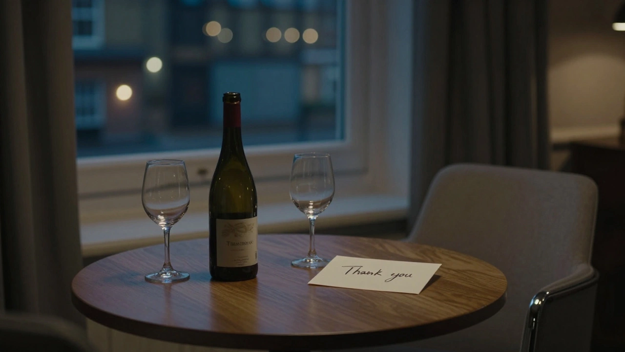 Empty hotel room with wine glasses and a thank-you note, soft city lights visible through the window.