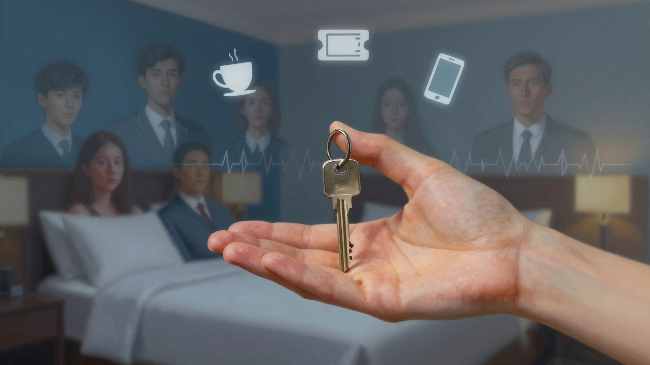 Hand holding a hotel key with translucent images of diverse clients, symbolizing connection and safety.
