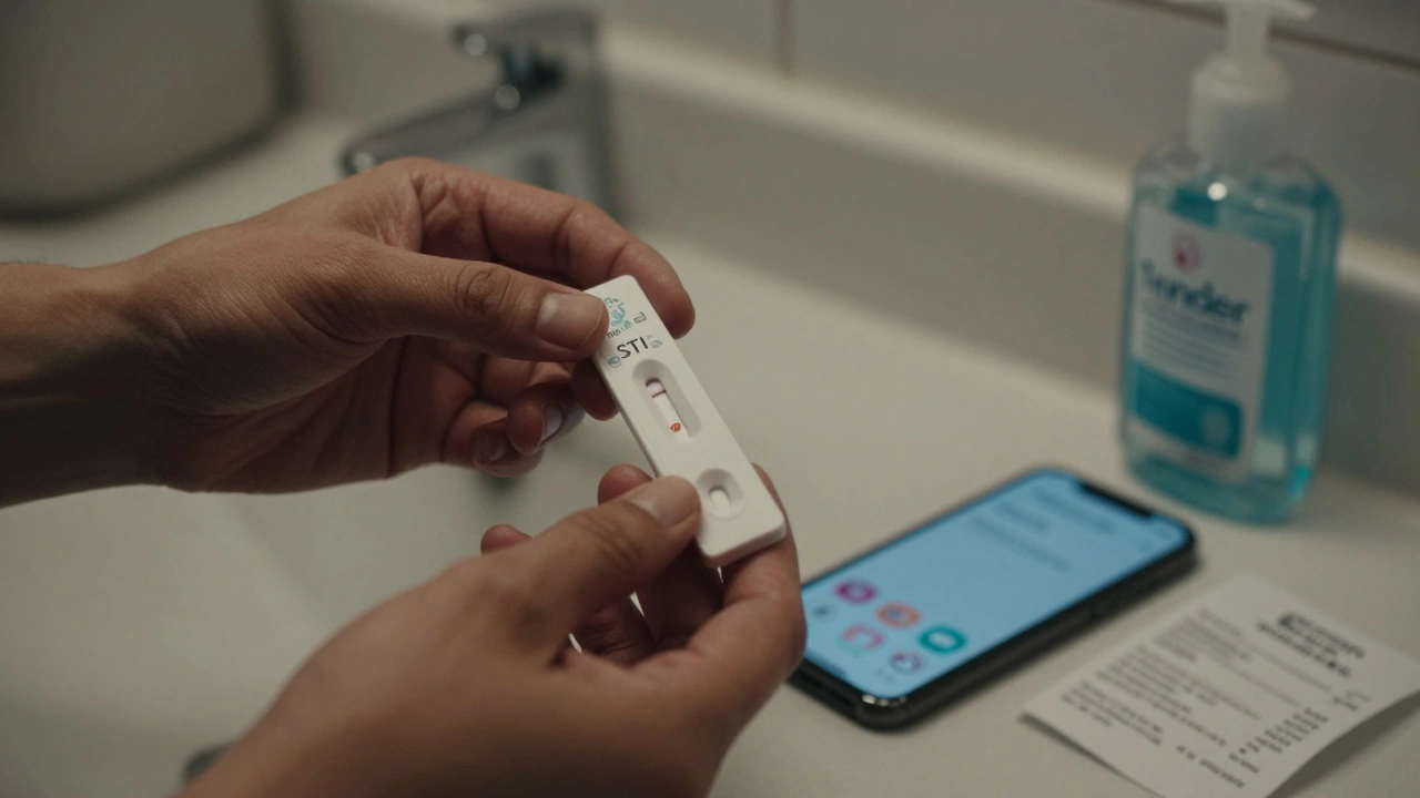 Hands holding an STI test kit in a bathroom, with phone and sanitizer nearby.