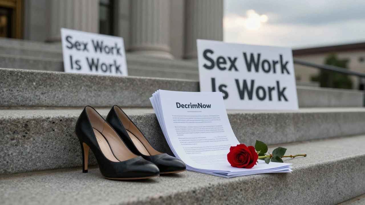 High-heeled shoes on courthouse steps beside legal documents and a red rose, symbolizing advocacy.