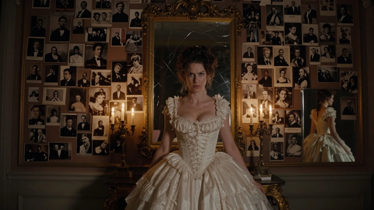 La Castiglione surrounded by her own photographs in a mirrored chamber.