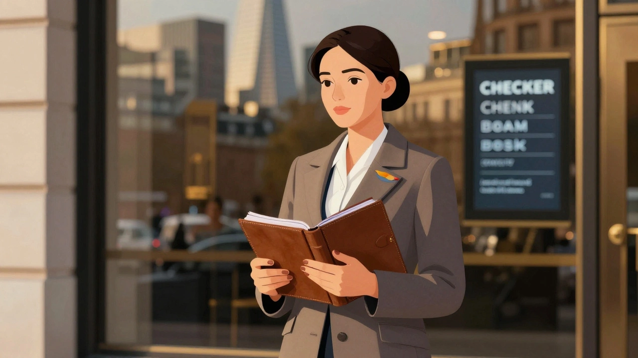 Professional escort standing outside a London hotel, holding a planner and phone, discreet and confident.